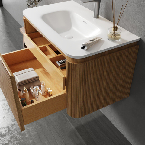 Royal Plaza Terra Edge Ensemble meuble de salle de bains - 80x44.7x46cm - vasque en solid surface blanc mat - 1 vasque - sans trou de robinet - 2 tiroirs - sandwood (chêne clair) SW1471910