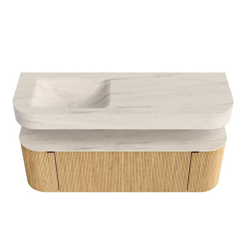 MONDIAZ THOR-DLUX 140cm badmeubel ronding links + rechts kleur Oak met 1 lade en 2 deuren. Vrijhangende wastafel CLOUD Links 1 kraangat kleur Meli. SW1464384