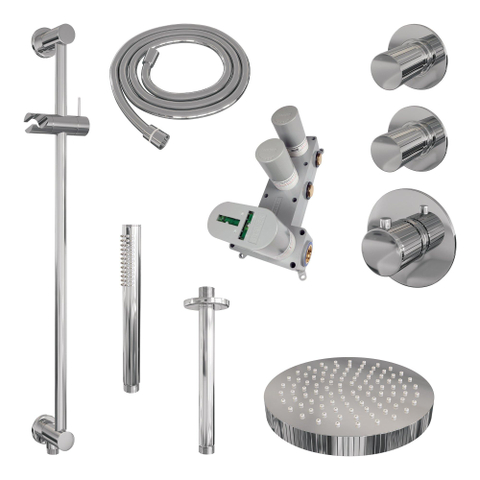 BRAUER Stripe Douche de tête thermostatique encastrée - SET 09 - pomme de douche 25cm - bras plafond - douchette à main avec barre coulissante intégrée - flexible de douche - chrome SW1434746