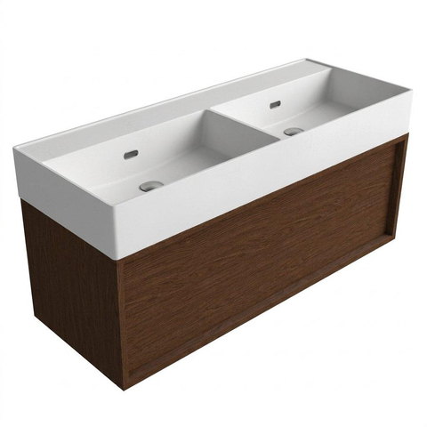 Saniclass Holz Frame Badkamermeubelset - 120x45x52cm - Legend keramische wastafel mat wit - 2 wasbakken - zonder kraangaten - 1 lade - mat walnut pure (hout) SW1596149