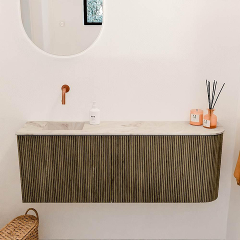Mondiaz JOYA-DLUX 111.6cm toiletmeubel - ronding rechts kleur Dusk - Wastafel FAYE positie Links Zonder kraangat kleur Frappe. SW1423110