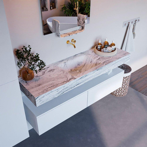 Mondiaz ALAN-DLUX Ensemble de meuble - 150cm - meuble Talc mat - 2 tiroirs - Lavabo Cloud Glace suspendu - vasque Centre - 0 trous de robinet SW805594