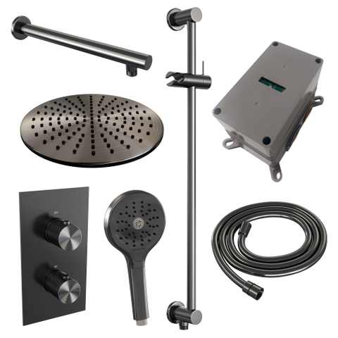 BRAUER Gunmetal Carving inbouw regendoucheset – Ø30 cm hoofddouche – 40 cm rechte wandarm – ronde handdouche – met omstel SW715983
