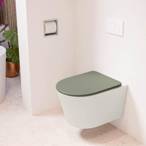 Mondiaz LAVIE hangtoilet – spoelrandloos – 36 x 53 cm – met softclose zitting – Linen (offwhite), zitting Army (groen) SW1208574