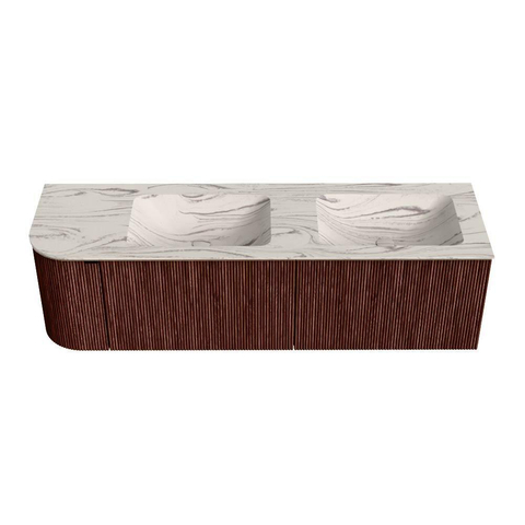 MONDIAZ KURVE-DLUX Meuble de salle de bains 155cm arrondi à gauche couleur Ruby avec 2 tiroirs et 1 porte. Lavabo LEAF Double / 2 trous de robinet à droite Nata. SW1432574