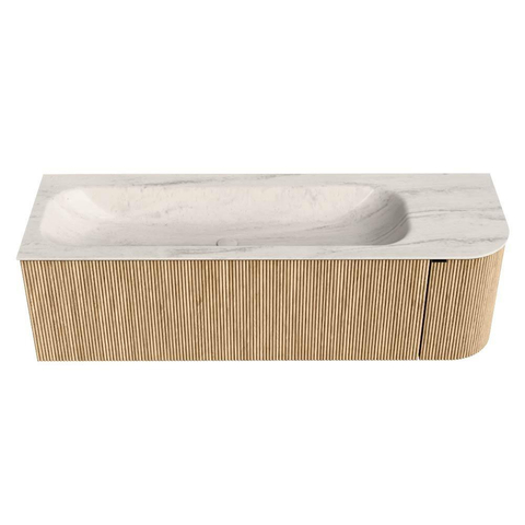 MONDIAZ KURVE-DLUX 145cm badmeubel ronding Rechts kleur Oak met 1 lade en 1 deur. Wastafel BIG LARGE Links zonder kraangat Meli. SW1431648