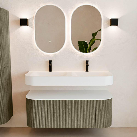 MONDIAZ THOR 120cm meuble de salle de bains arrondi gauche + droite couleur Shadow avec 1 tiroir et 2 portes. Vasque suspendue CLOUD Double 2 trous de robinet couleur Talc. SW1463145