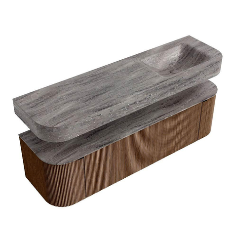 MONDIAZ THOR-DLUX 160cm meuble de salle de bains arrondi gauche + droite couleur Walnut avec 1 tiroir et 2 portes. Vasque suspendue CLOUD droite sans trou de robinet couleur Oza. SW1465291