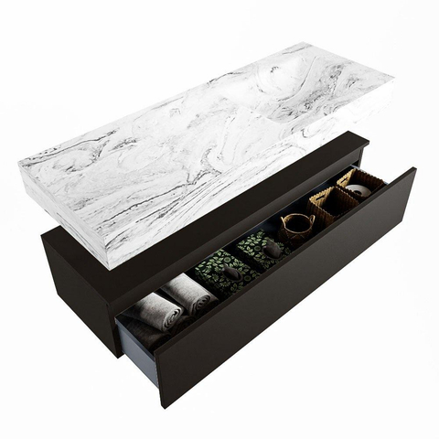 MONDIAZ ALAN - DLUX Ensemble meuble de salle de bains - 130cm - sous-meuble - Urban - 1 tiroir - lavabo suspendu - vasque à droite - 1 trou de robinet - Glace SW805421