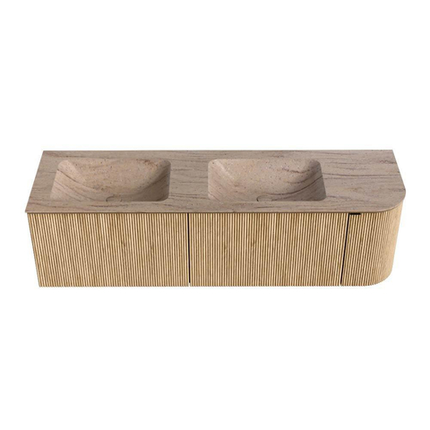 MONDIAZ KURVE-DLUX 155cm badmeubel ronding Rechts kleur Oak met 2 lades en 1 deur. Wastafel LEAF Dubbel / Links 2 kraangaten Saba. SW1433116