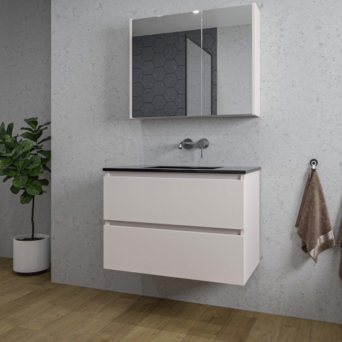 Saniclass Chaci Meuble de salle de bain - 80x46x55cm - lavabo en céramique noir - 1 vasque - sans trou de robinet - 2 tiroirs - armoire miroir - mat cotton (beige) SW1182401