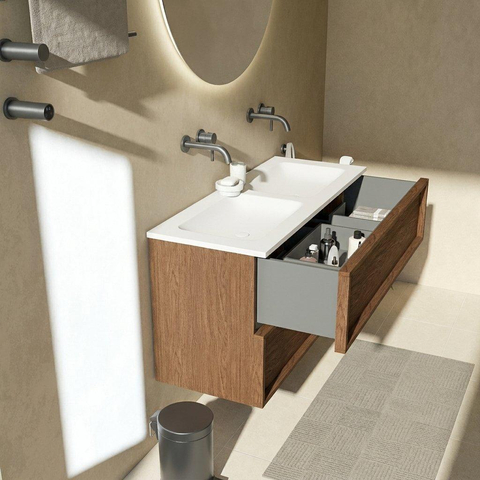 Saniclass Holz Frame Badkamermeubelset - 120x45x77.5cm - Torino solid surface wastafel wit - zonder kraangat - 2 lades - mat walnut pure (hout) SW1579923