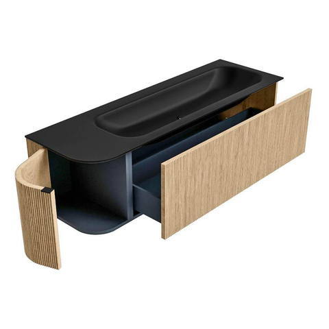 MONDIAZ KURVE 145cm meuble de salle de bains avec module 25 L couleur Oak avec 1 tiroir et 1 porte. Lavabo BIG LARGE à droite sans trou de robinet Urban. SW1138386
