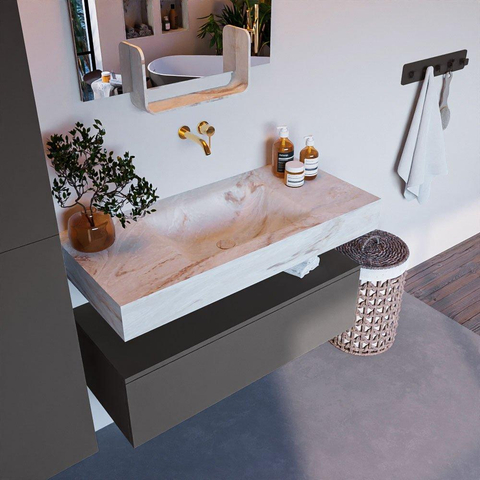 Mondiaz ALAN-DLUX Ensemble de meuble - 100cm - meuble Dark grey mat - 1 tiroir - Lavabo Cloud Frappe suspendu - vasque Centre - 0 trous de robinet SW804884