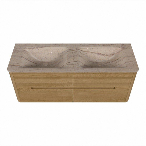 Mondiaz CIRO-DLUX Meuble de salle de bains - 130x45x50cm - Plan vasque solid surface Saba - 2 vasques double - 2 trous de robinetterie - 4 tiroirs - Chêne SW1531192