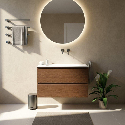 Saniclass Holz Pure Ensemble de meubles de salle de bains - 100x45x77.5cm - lavabo Torino en solid surface blanc - sans trou de robinet - 2 tiroirs - noyer pure mat (bois) SW1478664