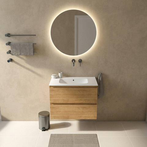 Saniclass Holz Pure Badkamermeubelset - 80x45x61.5cm - Flow solid surface wastafel wit - 1 wasbak - zonder kraangat - 2 lades - mat eiken natural (hout) SW1478380