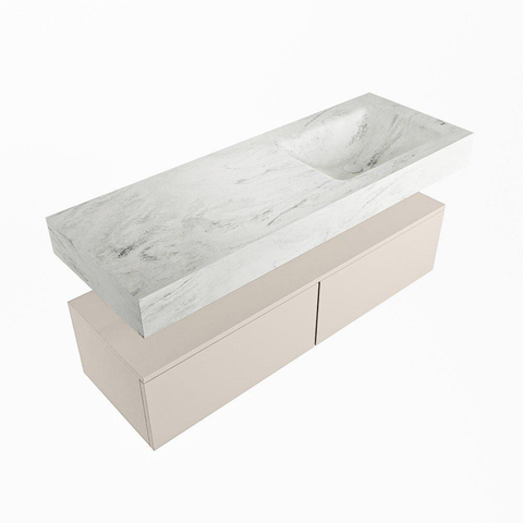 Mondiaz ALAN-DLUX Ensemble de meuble - 130cm - meuble Linen mat - 2 tiroirs - Lavabo Cloud Opalo suspendu - vasque Droite - 0 trous de robinet SW806534