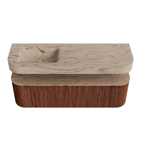 MONDIAZ THOR-DLUX 150cm meuble de salle de bains arrondi gauche + droite couleur Ruby avec 1 tiroir et 2 portes. Vasque suspendue CLOUD Gauche sans trou de robinet couleur Arena. SW1464747