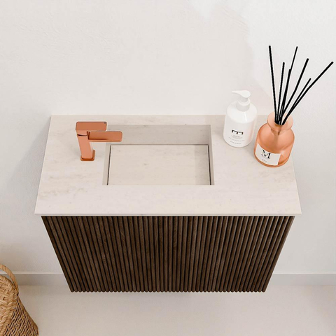 Mondiaz JOYA-DLUX 50cm toiletmeubel - kleur Walnut - Wastafel FAYE positie Links 1 kraangat kleur Meli. SW1424402