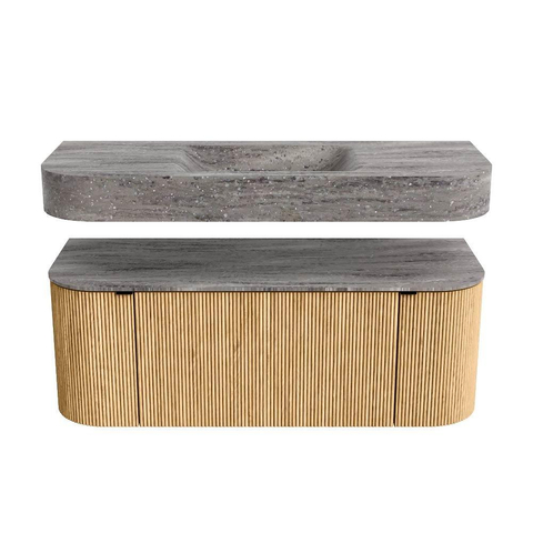 MONDIAZ THOR-DLUX 120cm meuble de salle de bains arrondi gauche + droite couleur Oak avec 1 tiroir et 2 portes. Vasque suspendue CLOUD Milieu 1 trou de robinet couleur Oza. SW1463396
