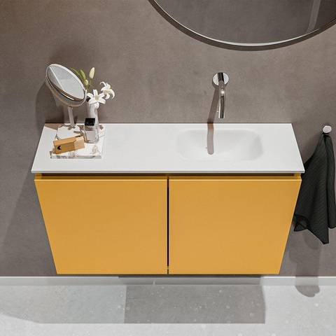 MONDIAZ TURE Toiletmeubel 80x23x50cm met 0 kraangaten 2 deuren ocher mat Wastafel Eden rechts Solid Surface Wit SW475058