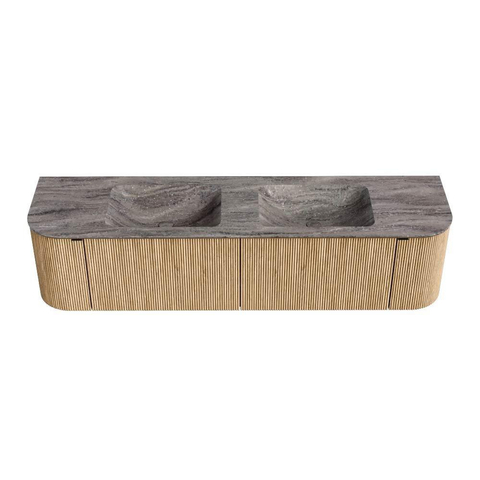 MONDIAZ KURVE-DLUX Meuble de salle de bains 180cm arrondi à gauche + à droite couleur chêne avec 2 tiroirs et 2 portes. Vasque LEAF double sans trou de robinet Oza. SW1432678