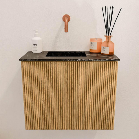Mondiaz JOYA-DLUX 50cm toiletmeubel - kleur Oak - Wastafel FAYE positie Links Zonder kraangat kleur Lava. SW1422037