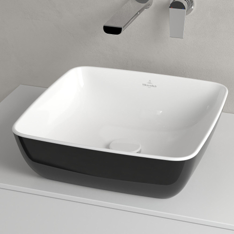 Villeroy & Boch Artis opzetwastafel vierkant - 41x41x12.5cm - zonder kraangat - zonder overloop - Coal Black (glans zwart) SW68862