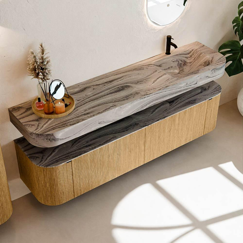 MONDIAZ THOR-DLUX Meuble de salle de bains - 190cm - arrondi gauche + droite - couleur Oak - 2 tiroirs et 2 portes - Vasque suspendue CLOUD Droite 1 trou de robinet - couleur Sombra SW1466700