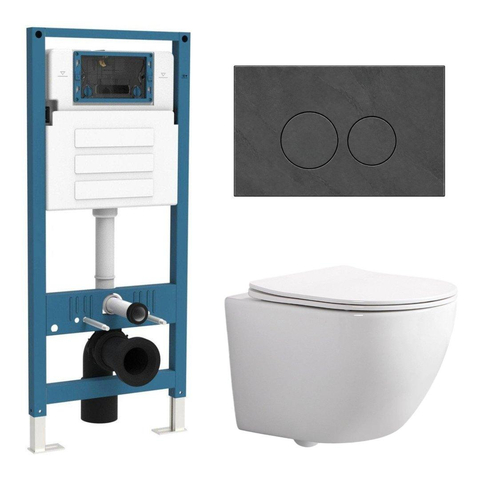 QeramiQ Dely Swirl Compact Toiletset - inbouwreservoir QeramiQ flush - slim zitting - marmeren bedieningsplaat donker - ronde knoppen - glans wit SW1590526