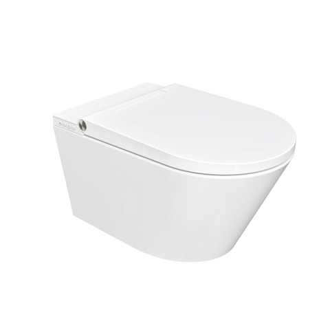 QeramiQ Luma Ensemble WC-douche - réservoir encastré Geberit UP320 - avec châssis Burda - sèche-cheveux - douchette féminine - plaque de commande gris clair - boutons rectangulaires - blanc brillant SW1471998