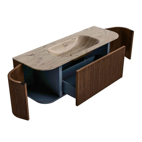 MONDIAZ KURVE-DLUX 130cm badmeubel ronding Links + Rechts kleur Walnut met 1 lade en 2 deuren. Wastafel BIG SMALL Midden 1 kraangat Arena. SW1431178