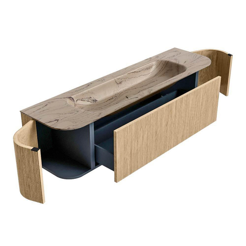 MONDIAZ KURVE-DLUX 170cm badmeubel ronding Links + Rechts kleur Oak met 1 lade en 2 deuren. Wastafel BIG LARGE Midden zonder kraangat Arena. SW1431135