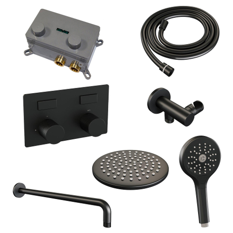 BRAUER Black Carving Douche de pluie thermostatique encastrée - boutons-poussoirs - SET 57 - pomme de douche 20cm - bras mural courbé - douchette 3 jets - flexible de douche - coude d'alimentation mural - noir mat SW925393