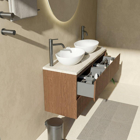 Saniclass Holz Atelier Badkamermeubelset - 120x45x63cm - Travertine natuurstenen topblad - 2 kraangaten - 2 lades - mat walnut pure (hout) SW1478880
