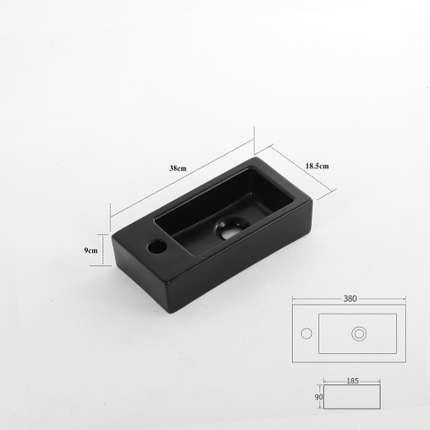 FugaFlow Efficiente Pietra Ensemble de fontaine - 37,5x18,5x9cm - céramique - trou de robinet à droite - robinet de fontaine gunmetal - bouchon de vidange - siphon abaissé - Noir mat SW1442209