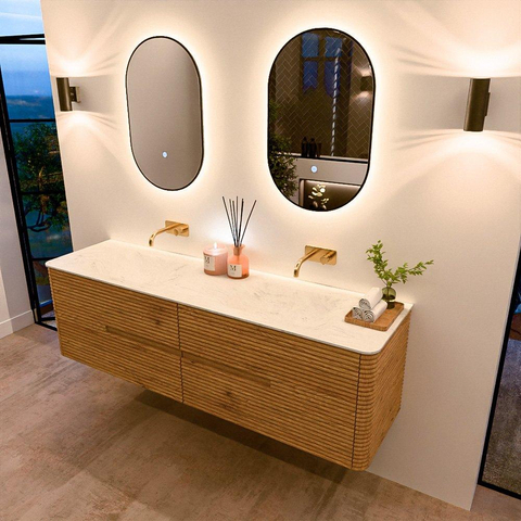 Mondiaz CIRO-DLUX Badkamermeubelset - 170x45x50cm - Solid surface wastafel Opalo - 2 wasbak Dubbel - zonder kraangaten - 4 lades - Oak SW1531087