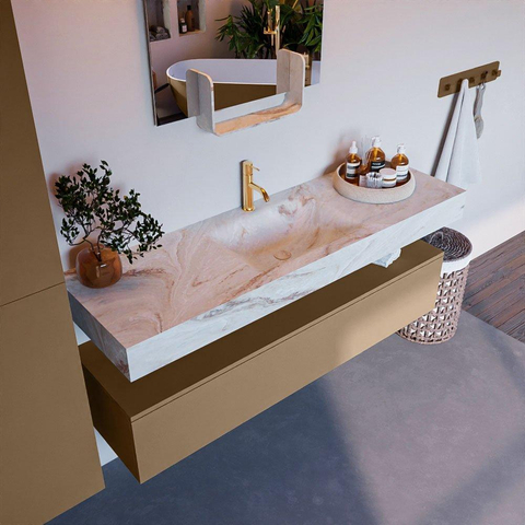 Mondiaz ALAN-DLUX Ensemble de meuble - 150cm - meuble Oro mat - 1 tiroir - Lavabo Cloud Frappe suspendu - vasque Centre - 1 trou de robinet SW805791