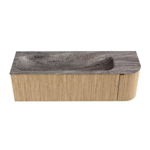 MONDIAZ KURVE-DLUX 145cm meuble de salle de bains arrondi droite couleur chêne avec 1 tiroir et 1 porte. Lavabo BIG LARGE gauche 2 trous de robinet Oza. SW1432654