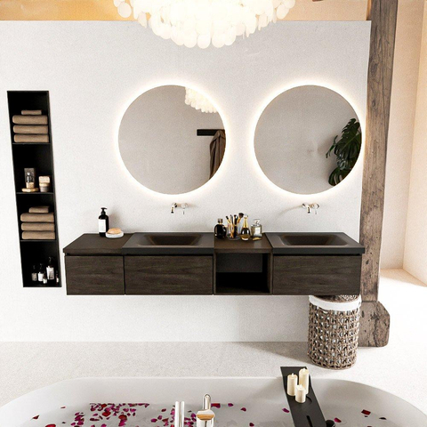 MONDIAZ BUKLA 200cm ensemble de meuble avec module ouvert 40 à droite couleur Marron Foncé avec 3 tiroirs. Lavabo CLOUD double 0 trou de robinet couleur Urban. SW1382355