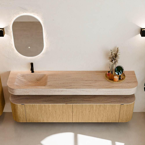 MONDIAZ THOR-DLUX 200cm meuble de salle de bains arrondi gauche + droite couleur Oak avec 2 tiroirs et 2 portes. Vasque suspendue CLOUD Gauche 1 trou de robinet couleur Saba. SW1467214