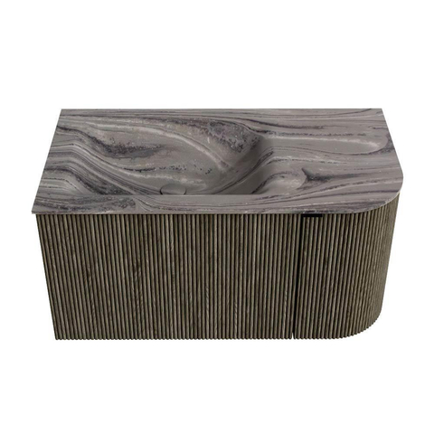 MONDIAZ KURVE-DLUX 85cm badmeubel ronding Rechts kleur Shadow met 1 lade en 1 deur. Wastafel CLOUD Links zonder kraangat Sombra. SW1433733