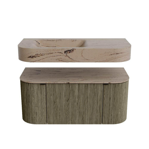 MONDIAZ THOR-DLUX 100cm meuble de salle de bains arrondi gauche + droite couleur Shadow avec 1 tiroir et 2 portes. Vasque suspendue CLOUD Gauche 1 trou de robinet couleur Arena. SW1467465