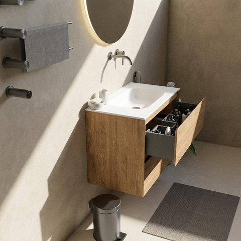 Saniclass Holz Pure Badkamermeubelset - 80x45x61.5cm - Flow solid surface wastafel wit - 1 wasbak - zonder kraangat - 2 lades - mat eiken natural (hout) SW1478380