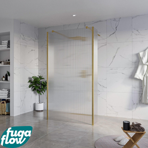 FugaFlow Eccelente Vetro Douche à l'italienne - 110x200cm - verre clair nervuré - anticalcaire - verre de sécurité 8mm - 2 parois latérales 40cm - avec bras muraux et profilés d'angle - Laiton brossé (doré) SW1125590