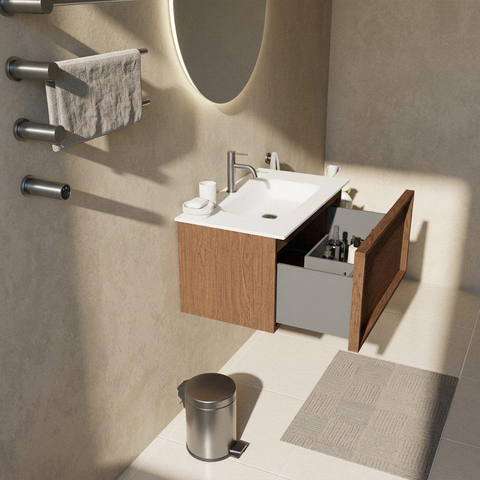 Saniclass Holz Frame Badkamermeubelset - 80x45x41.5cm - Flow solid surface wastafel wit - 1 wasbak - 1 kraangat - 1 lade - mat walnut pure (hout) SW1478386