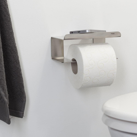 Tiger Colar Toiletrolhouder - zonder klep - met planchet - zelfklevend - geborsteld RVS SW106805