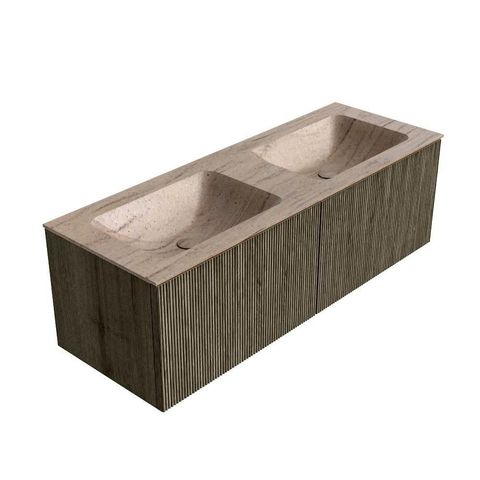 MONDIAZ KURVE-DLUX Meuble de salle de bains 130 cm couleur Shadow avec 2 tiroirs et 0 porte. Lavabo LEAF Double sans trou de robinet Saba. SW1433281