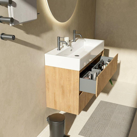 Saniclass Holz Atelier Ensemble de meubles de salle de bains - 100x45x72cm - vasque Legend en céramique blanche - 1 vasque - 2 trous de robinetterie - 2 tiroirs - chêne natural mat (bois) SW1478499